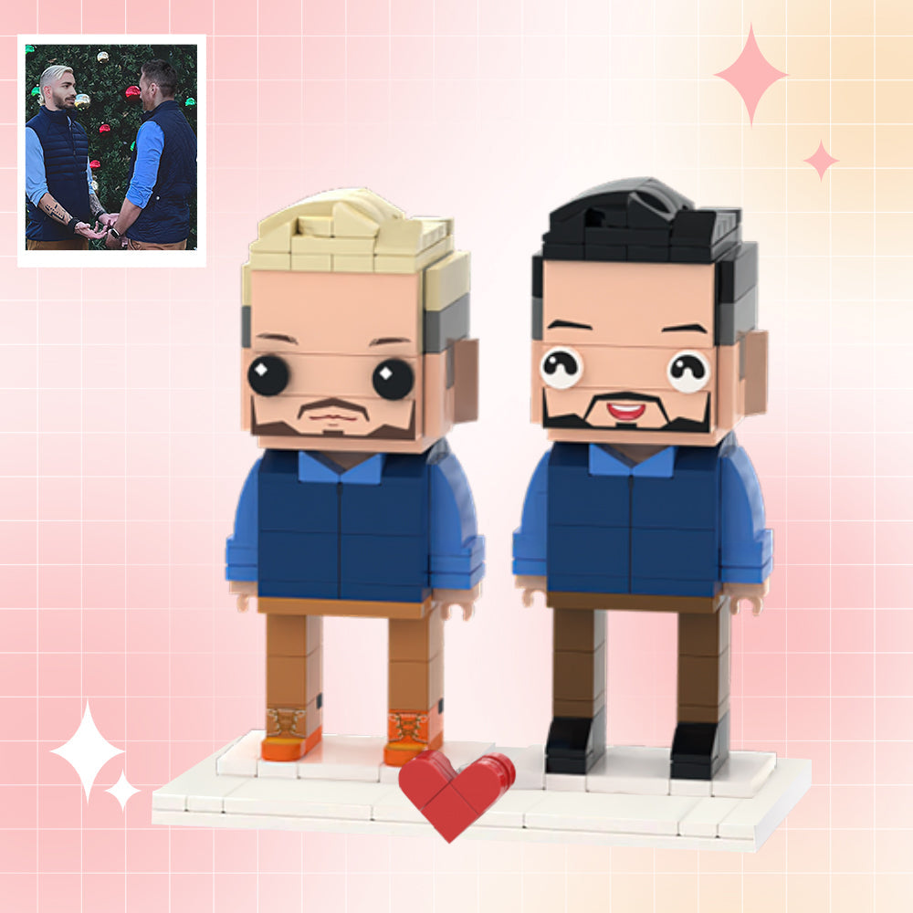 Custom brick figures for two people — personalised brother gift showing detailed hairstyles, expressions and outfits, handcrafted ABS eco-friendly collectible