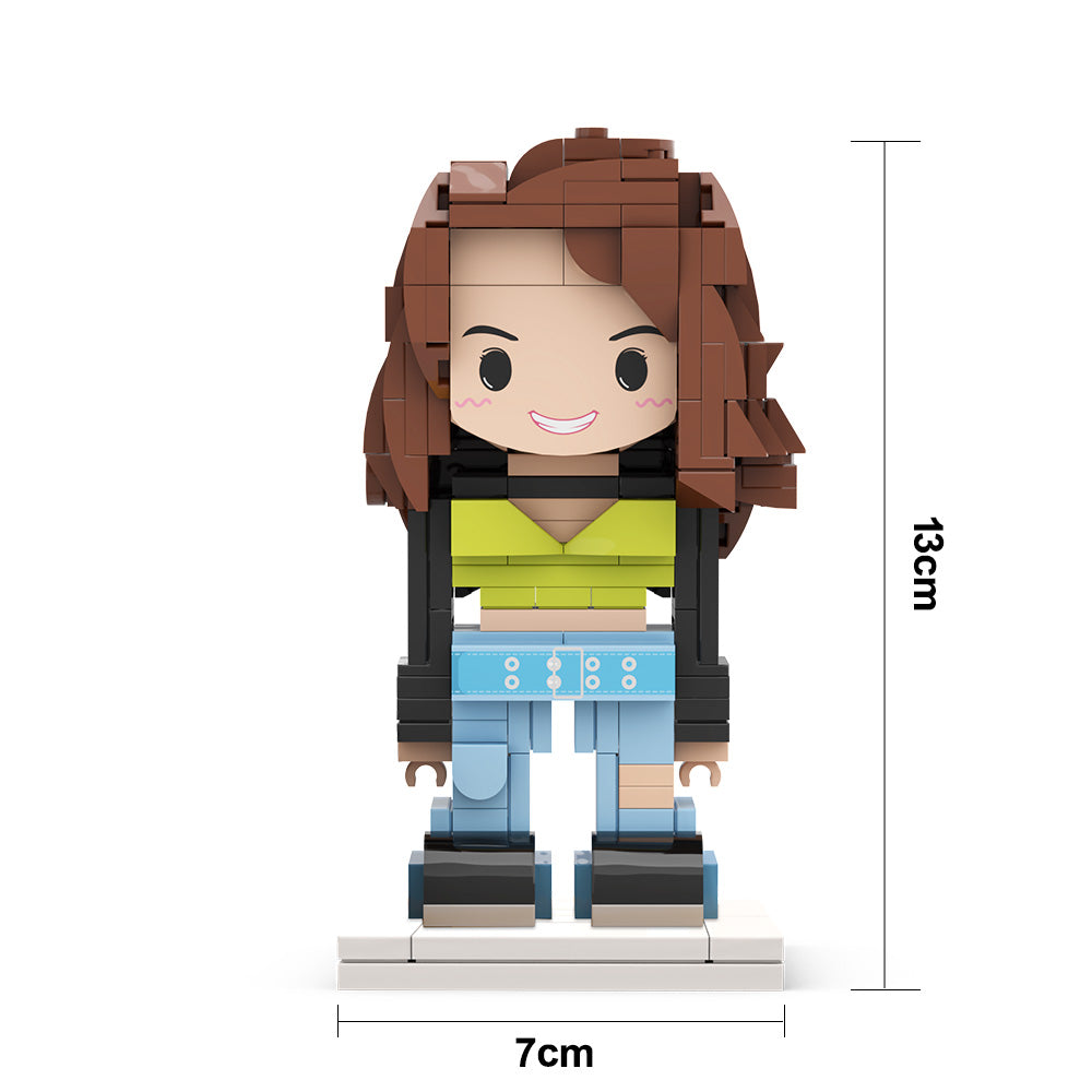 Full-body personalised 1-person custom brick figure on white background – handcrafted small particle block toy in eco-friendly ABS, personalised hairstyle and clothing, perfect gift for her