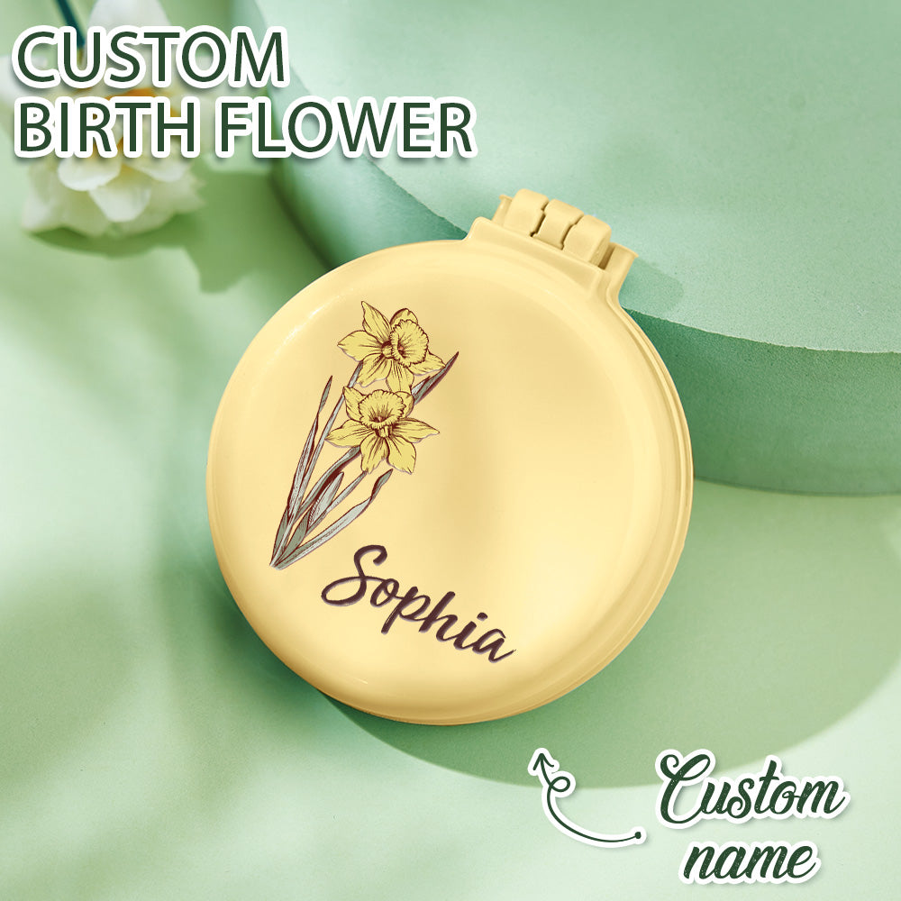 Personalised Birth Flower Cushion Mirror Comb with Hair Brush | Custom Name Gift