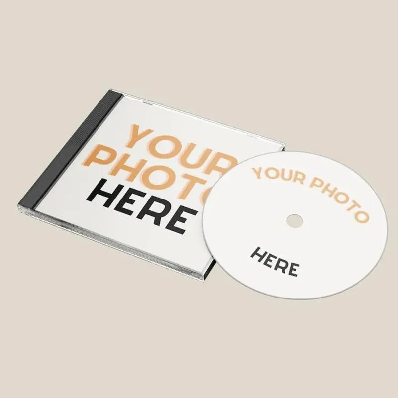 Close-up of personalised CD disc and full‑colour printed jewel case insert for a bespoke mixtape CD gift