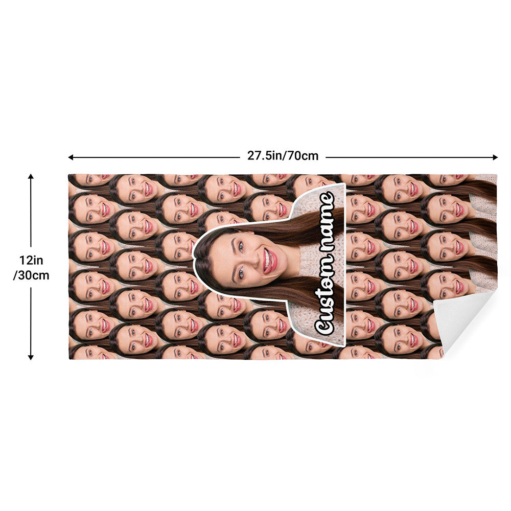 Close-up of custom photo and printed name on personalised photo towel showing vivid colour and soft absorbent texture, single-sided heat-transfer printing