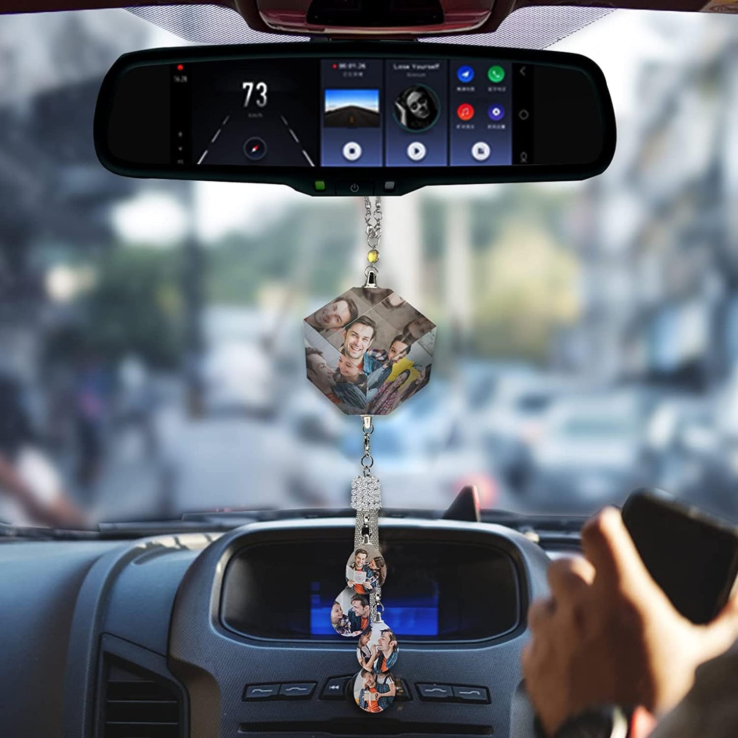 Angle view of the personalised car pendant photo ornament, highlighting the crystal centre cube and hanging design.