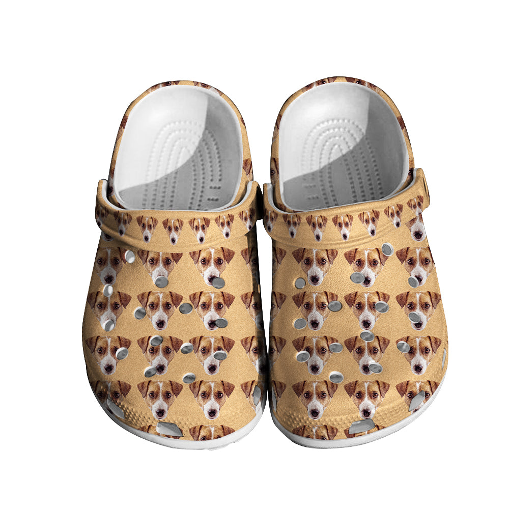 Side view of personalised pet face clogs displaying the printed name and ventilation details — comfortable custom name slippers for indoor and outdoor wear