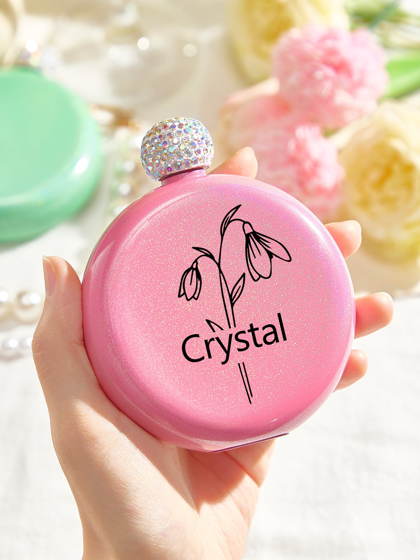 Personalised Birth Flower Name Glitter Flask - 5oz Engraved Gift for Her