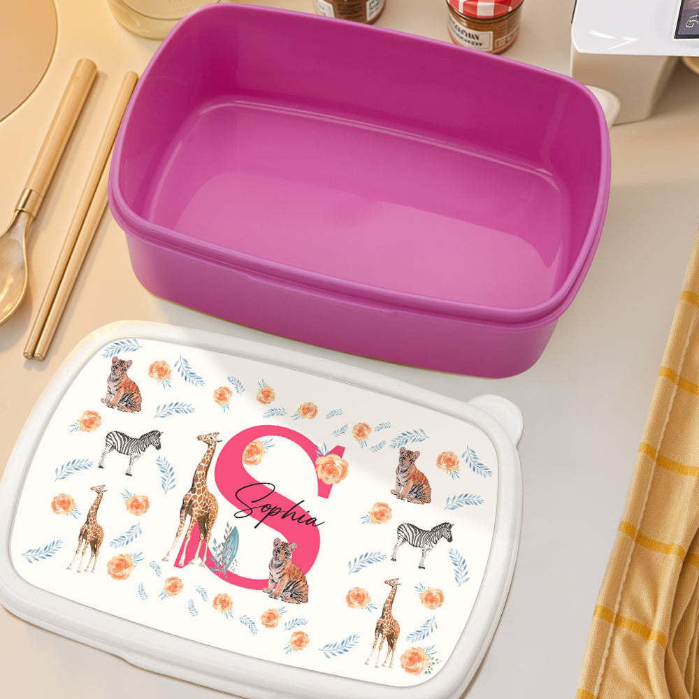 Open personalised kids' lunch box showing internal compartment for sandwiches and snacks, cute animal print and custom name option