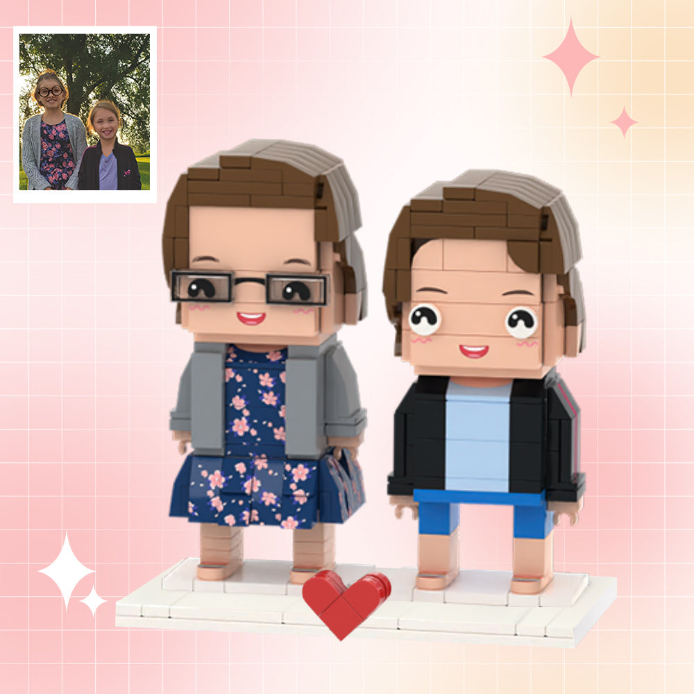 Pair of personalised custom brick figures – two-person full-body gift set showing detailed hairstyles, facial expressions and clothing patterns; ideal personalised couple keepsake