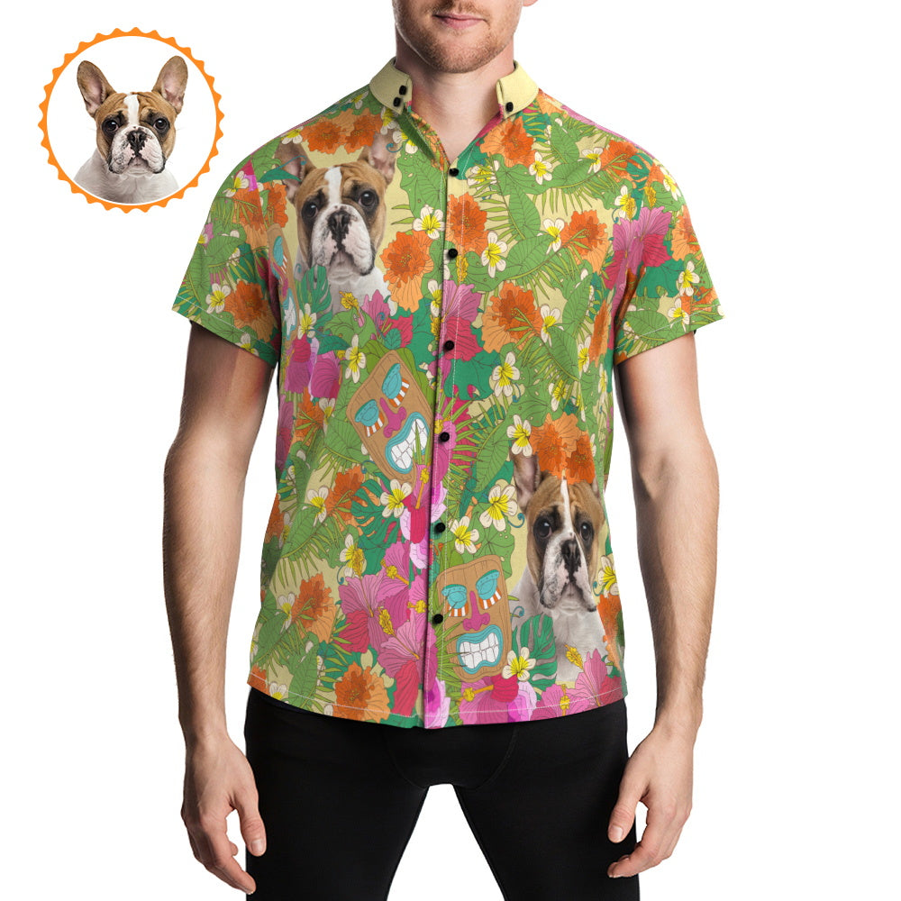 Personalised pet-face Hawaiian shirt, custom floral beach shirt with pet photo printed on short-sleeve button-up in vibrant heat-transfer colours