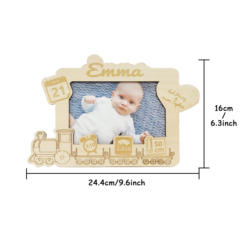 Rear view of personalised wooden baby photo frame with sturdy ladder bracket and 3M adhesive for secure wall mounting