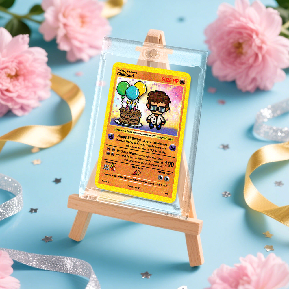 Personalised Birthday Poke Card displayed on a wooden stand (stand sold separately) showing bright colours and detailed custom character features