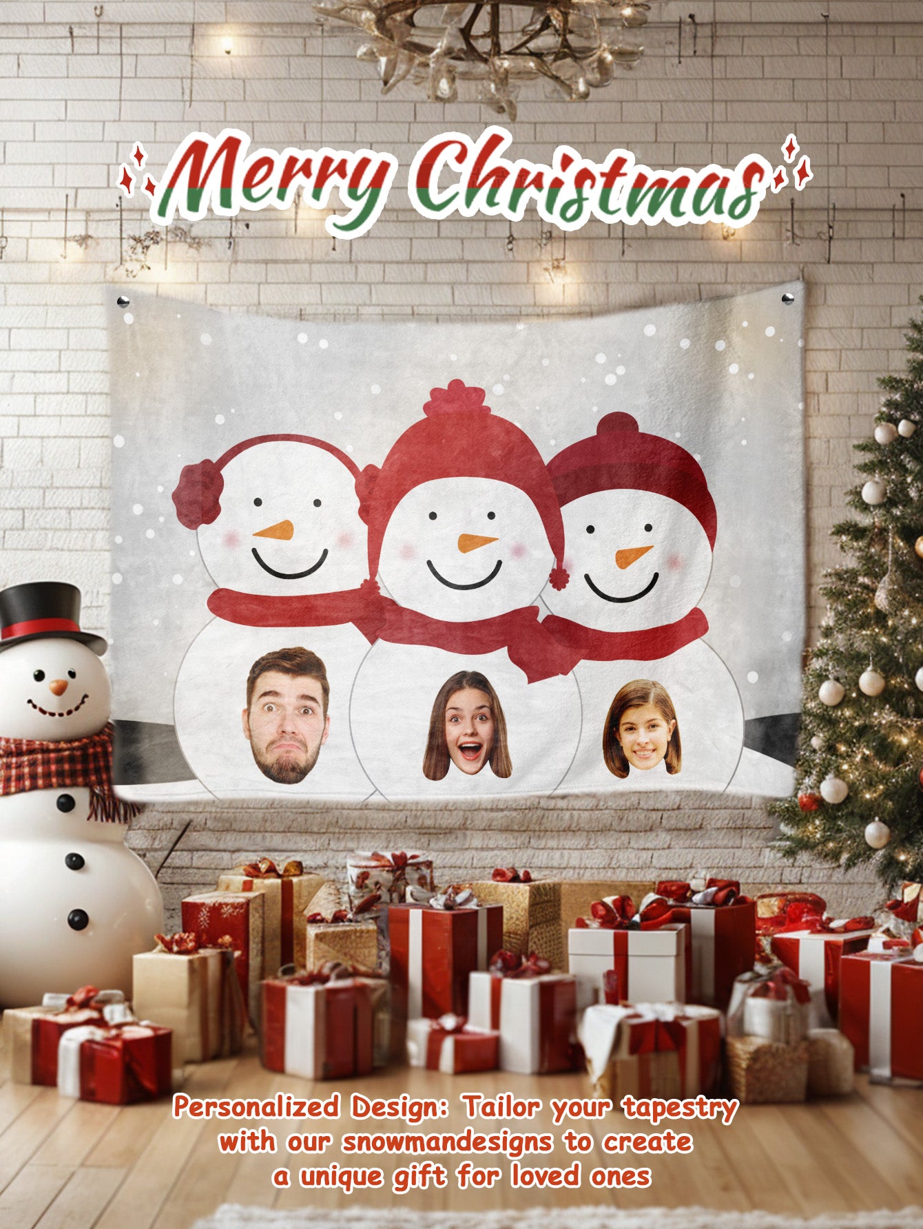 Personalised Photo Tapestry featuring a snowman wall hanging with 1–6 custom faces on the belly, in soft peach skin velvet.