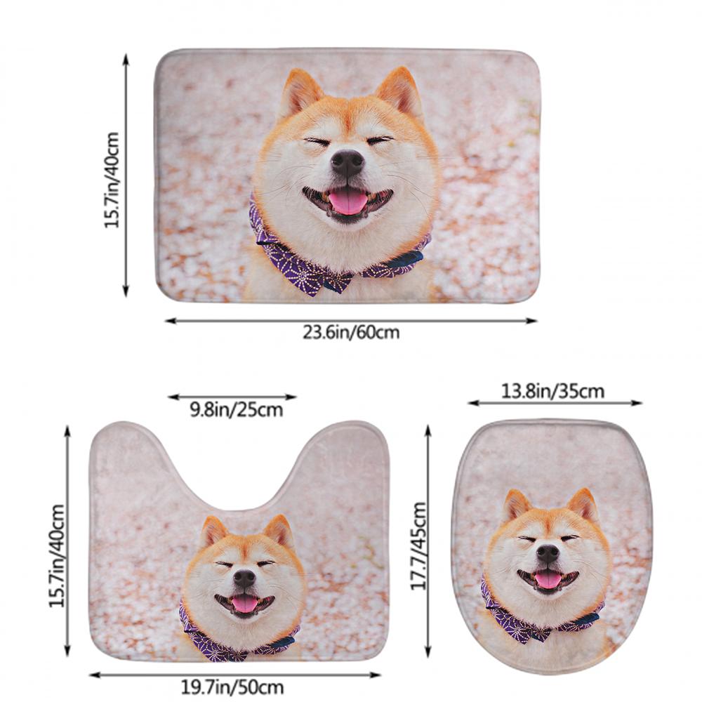 Custom photo U-shaped mat and matching rectangular rug beside a basin — personalised bath rugs in 100% polyester flannel with high-definition colour