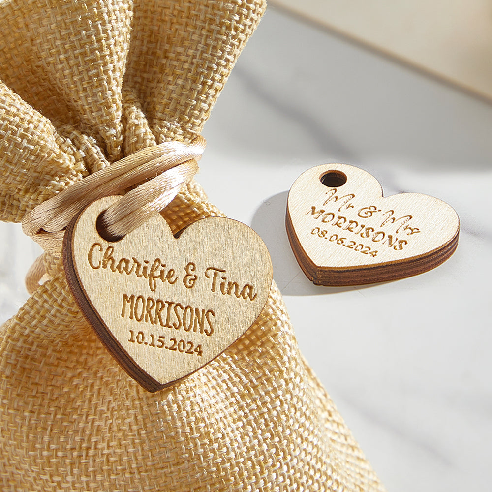 Personalised Wooden Heart Gift Tags - Engraved Wedding Favours for Guests