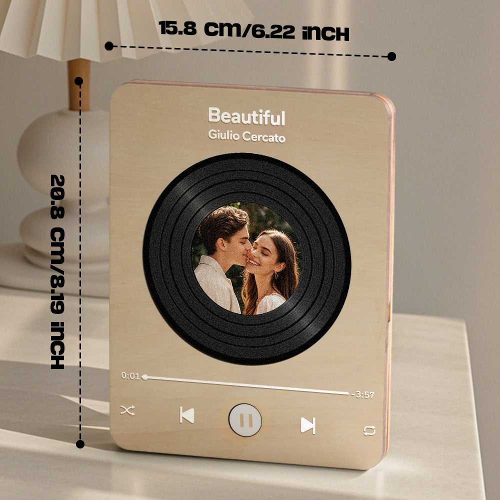 Size comparison of personalised wooden music player on a shelf — compact 15.8cm x 20.8cm vintage decor piece