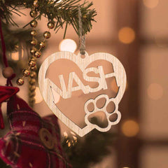Personalized Wood Heart Dog Paw Name Christmas Ornament