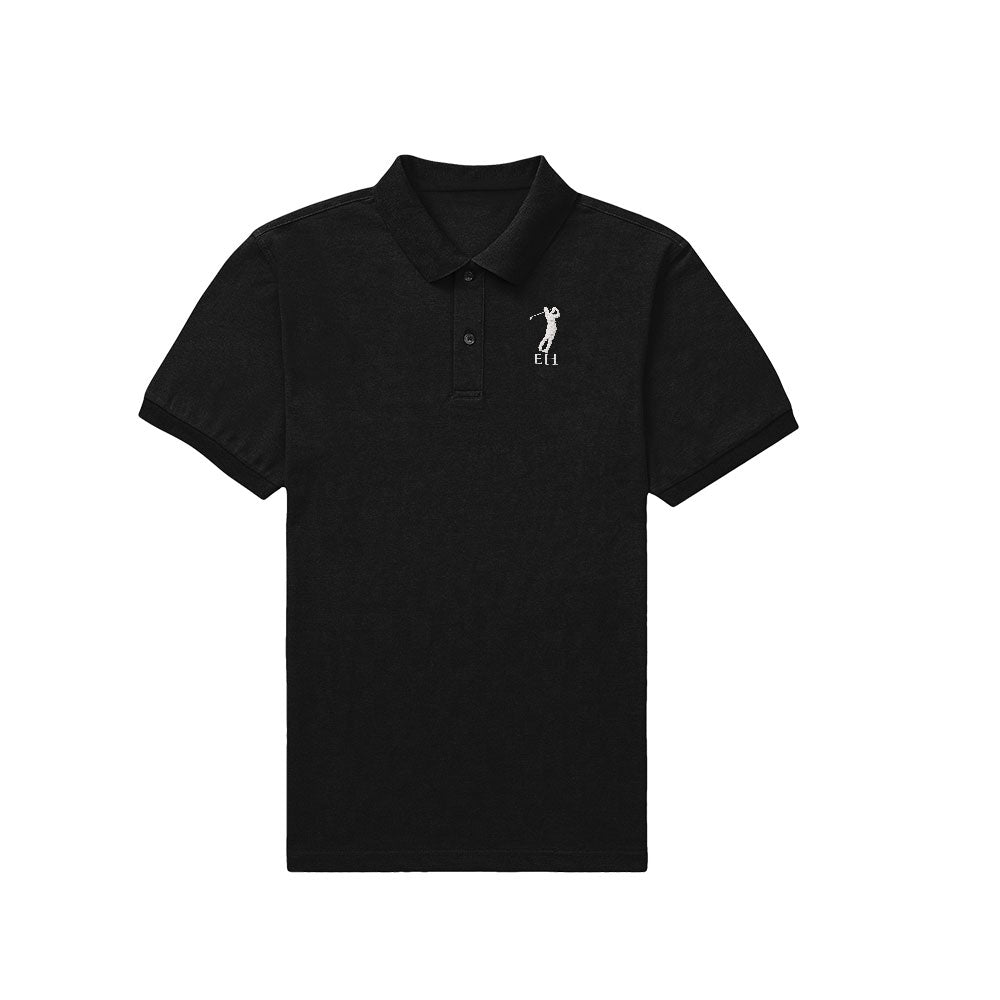 White personalised men's golf polo shirt laid flat to show collar, embroidered detail and versatile styling