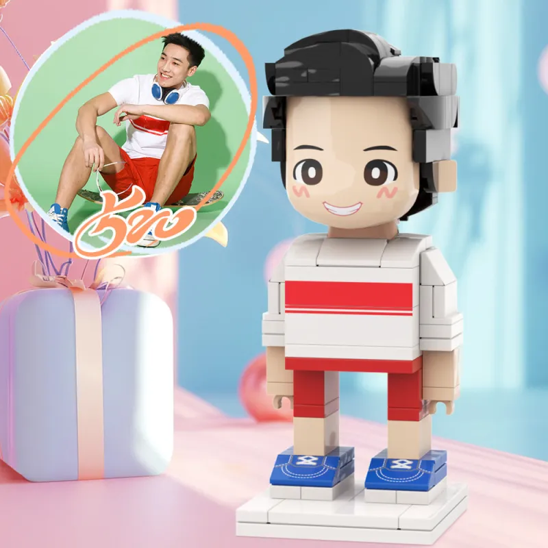 Front view of full‑body customised one‑person Duddu brick figure in Light Nougat skin — personalised birthday gift for him