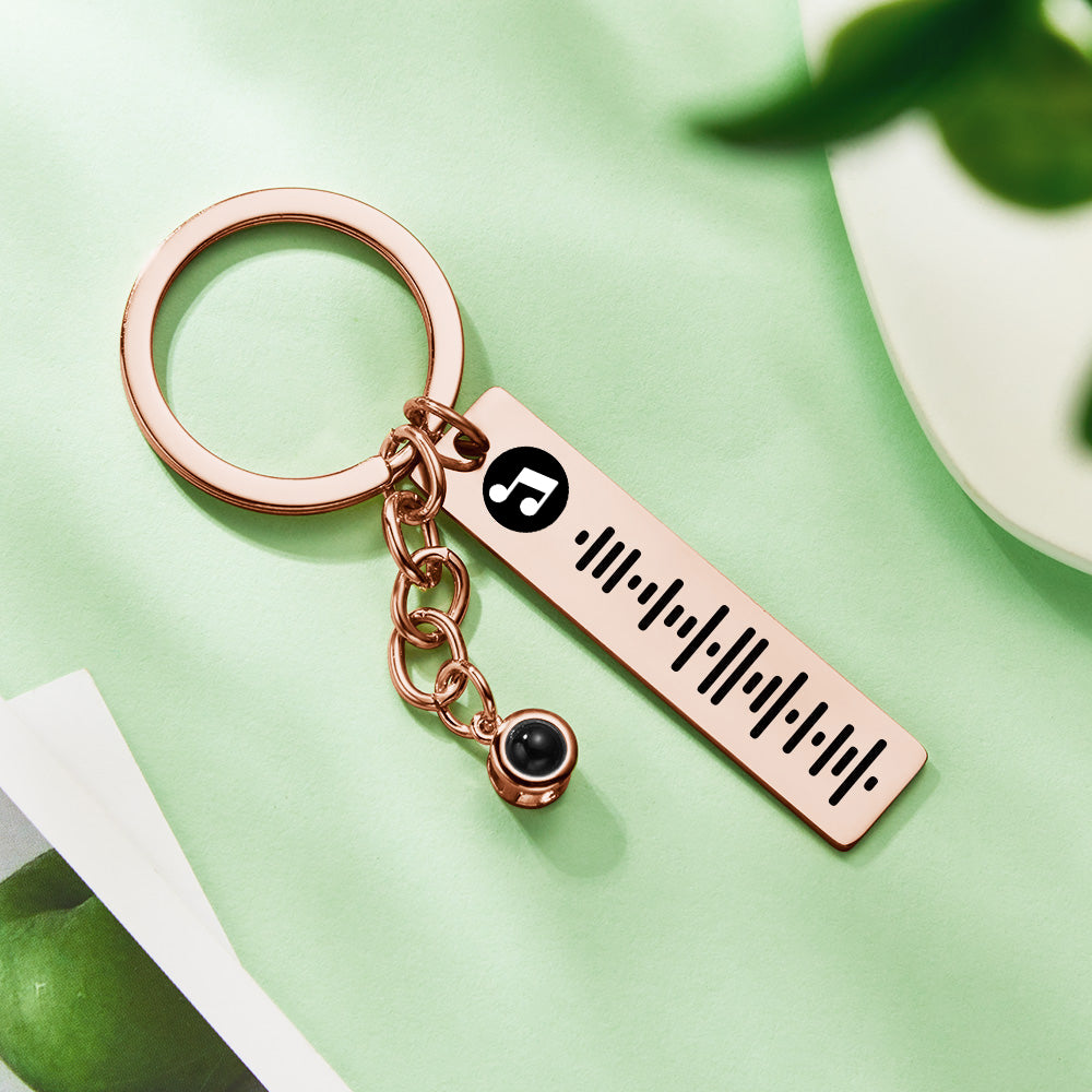 Projection sphere casting a scannable music code onto a surface from personalised keychain – custom song keepsake