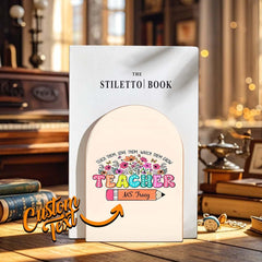 Personalised Wood Bookends with Name Engraving - Floral Pencil Teacher Gift