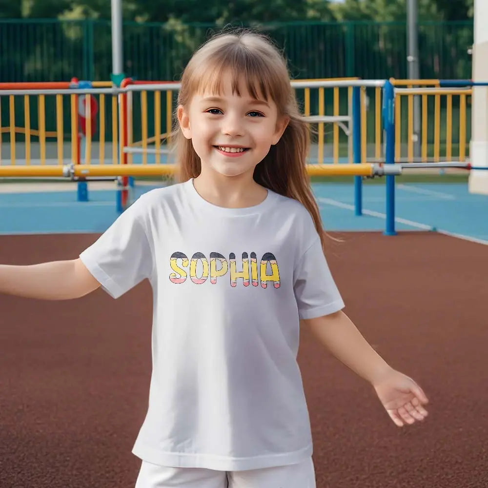 Group of children wearing personalised Back to School T‑shirts — matching first day outfits