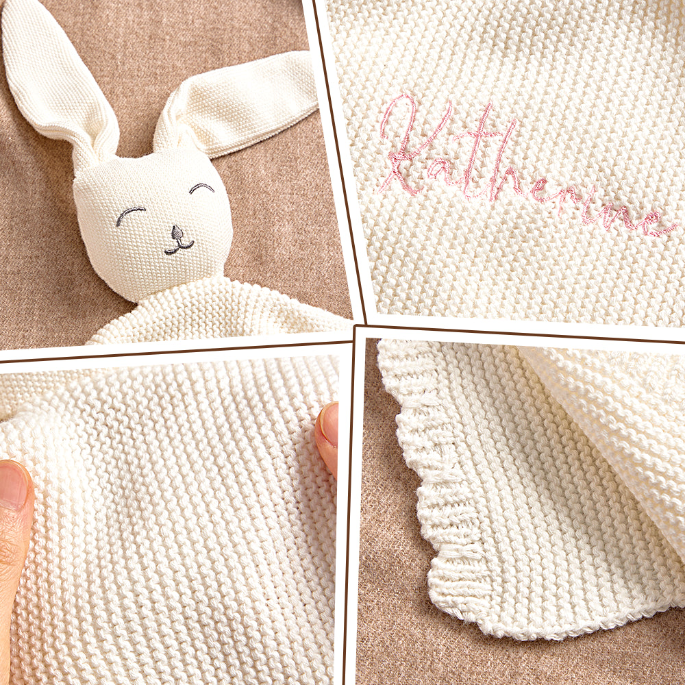 Front view of the personalised baby towel featuring bunny motif and embroidered name.