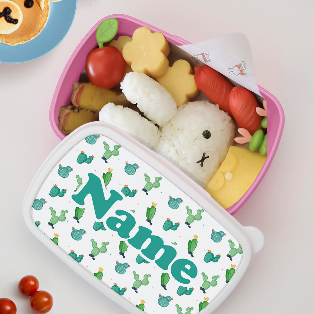 Open Personalised Name Lunch Box showing interior compartment space for snacks and school lunches — compact 18.5×13×6 cm
