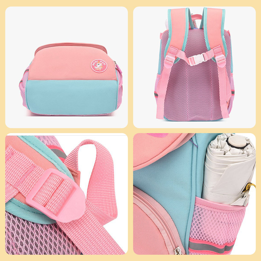 Close-up of name embroidery on unicorn backpack showing custom stitched text – personalised detail on a school bag
