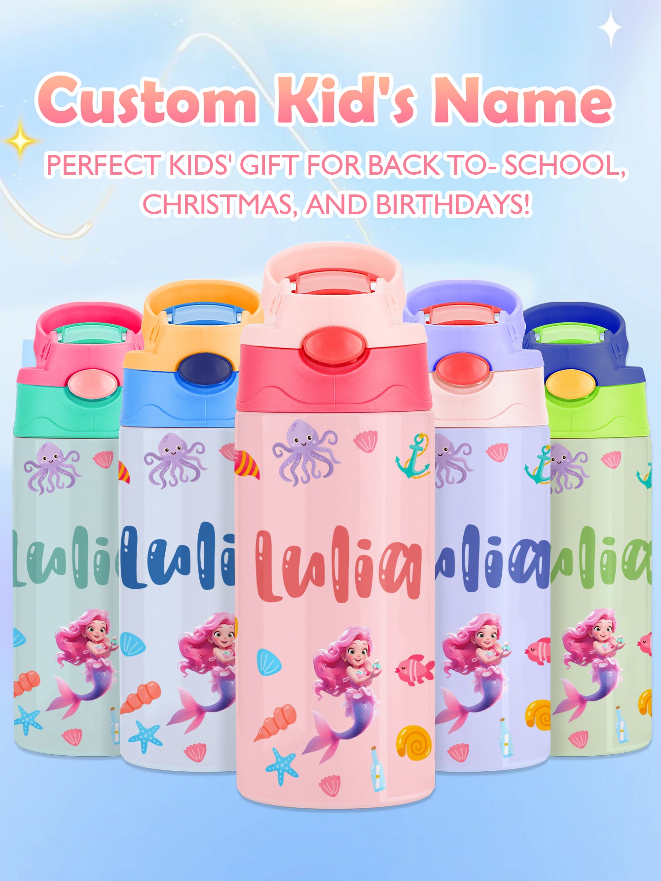 Personalised Mermaid Name Stainless Steel Water Bottle - Children's Day Gift UK
