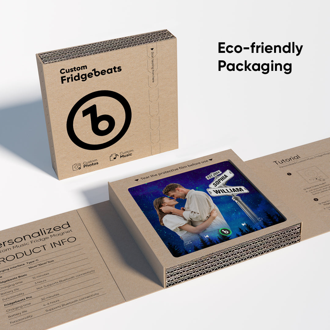FridgeBeats Frameless 4.0 held in hand to show scale — 10 cm personalised singing fridge magnet, perfect keepsake for couples