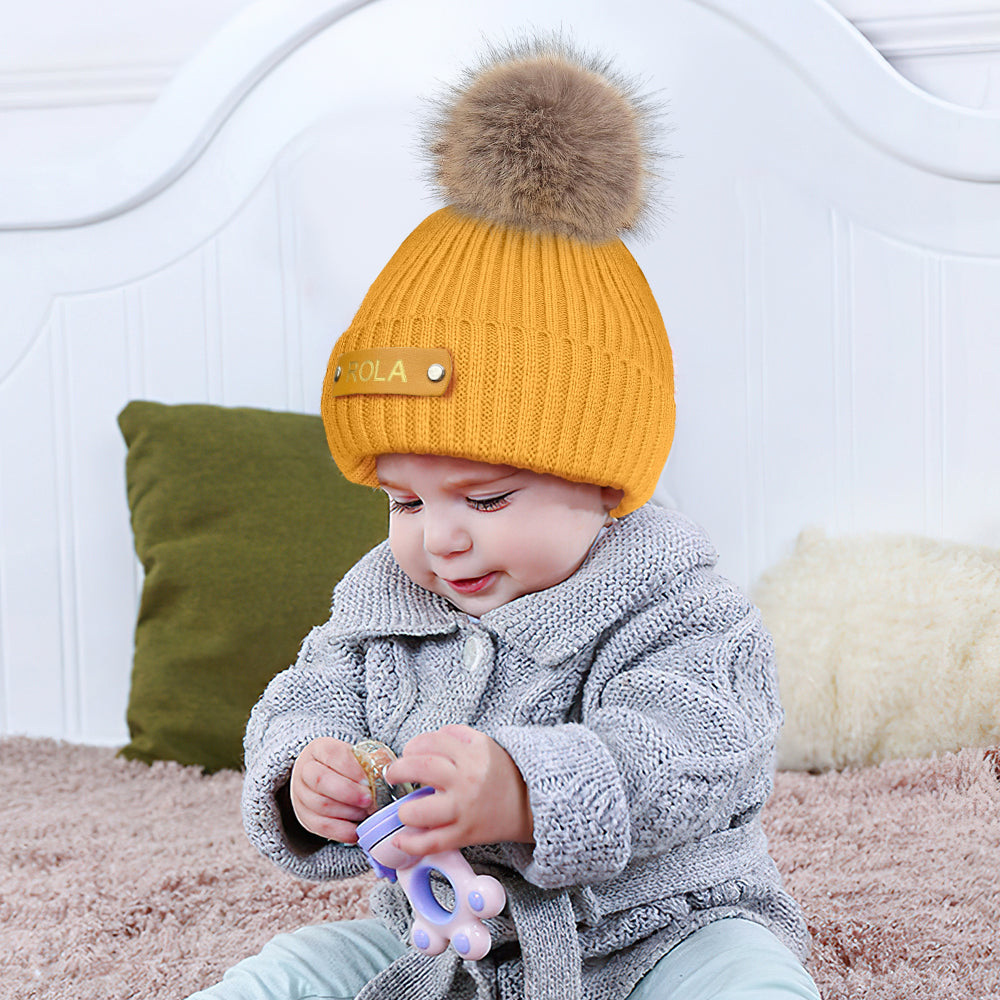 Group of six colour options for personalised name beanie — gender-neutral and boy/girl colours for newborns and kids