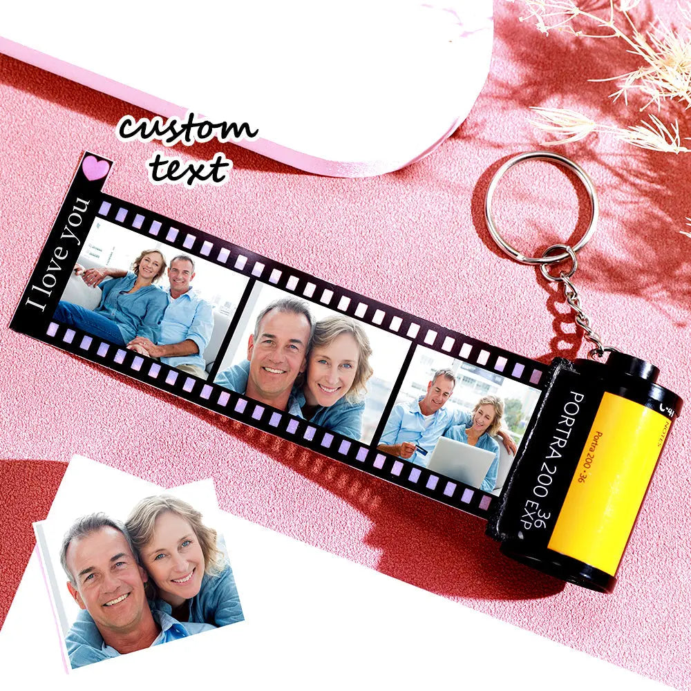 Compact personalised film roll keychain next to a ruler — size 25×100mm, easy to carry on keys