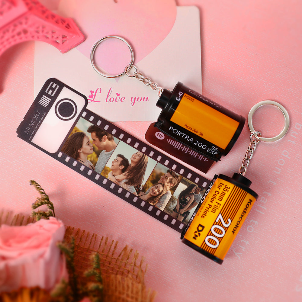 Personalised photo film roll keyring attached to a bag – custom multiphoto keychain made from recycled materials, ideal everyday keepsake