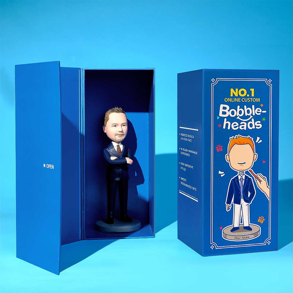Custom Dad bobblehead sitting on a stool — personalised polymer clay bobblehead with a custom face from your photo; ideal Father's Day gift and personalised face gift for Dad