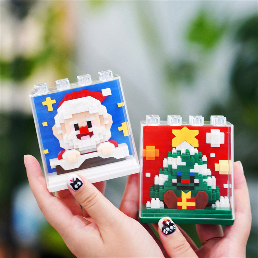 Close-up of colourful plastic bricks from Christmas building block set — educational toy for fine motor skills