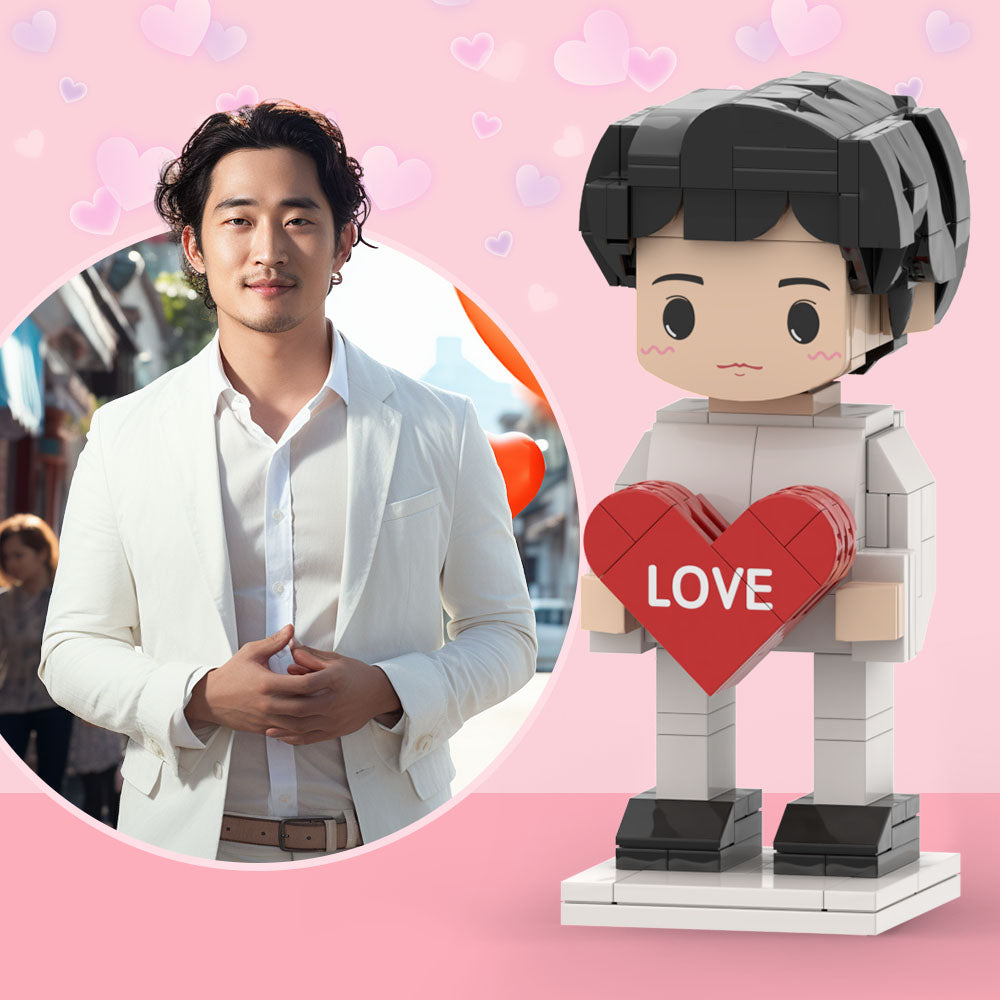 Personalised full-body custom brick figure for one person holding a fixed heart – bespoke photo minifigure in eco-friendly ABS with customised hair, face and outfit