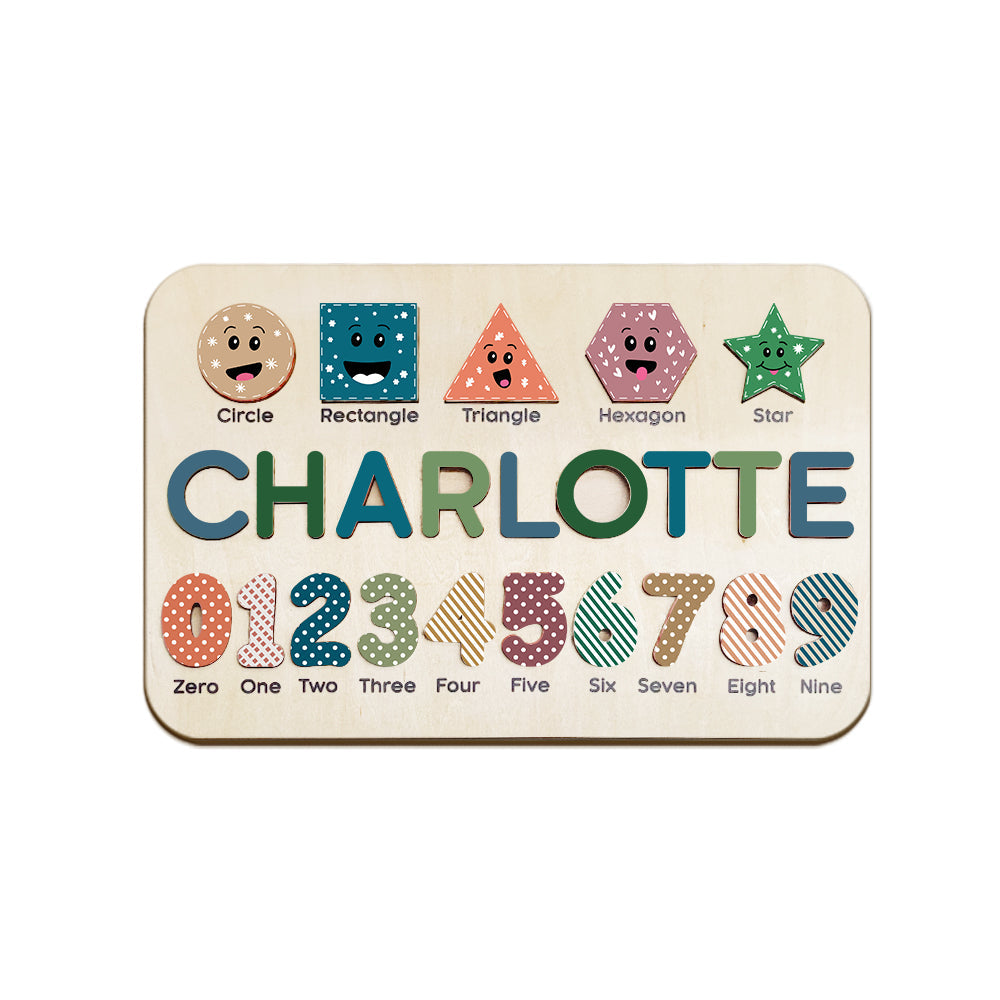 Personalised name puzzle with letters removed to show removable wooden pieces — supports early spelling, fine motor skills and colour recognition