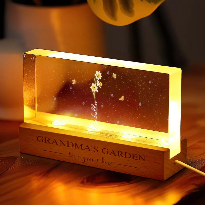 Engraved custom text option on LED acrylic night light base — a sentimental personalised gift for mum or Grandma