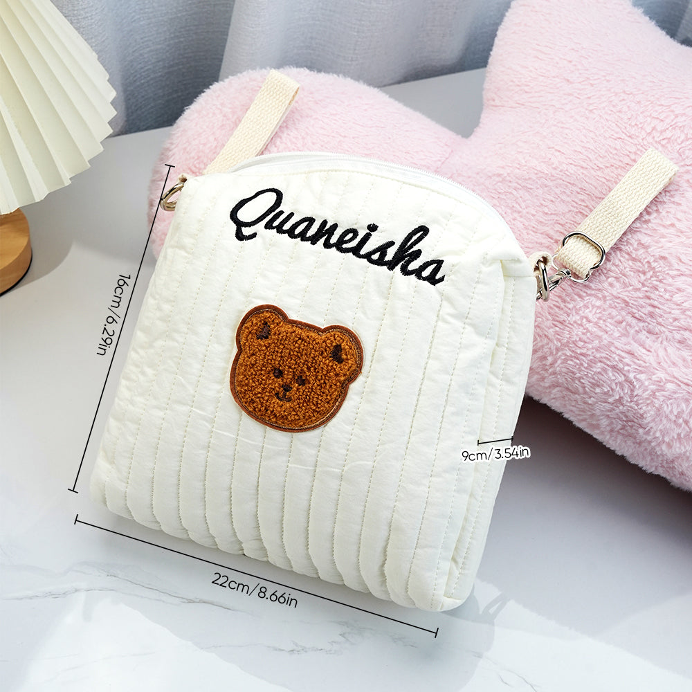 Close-up of the embroidered name on the Personalised Stroller Hanging Bag, crafted in premium cotton.