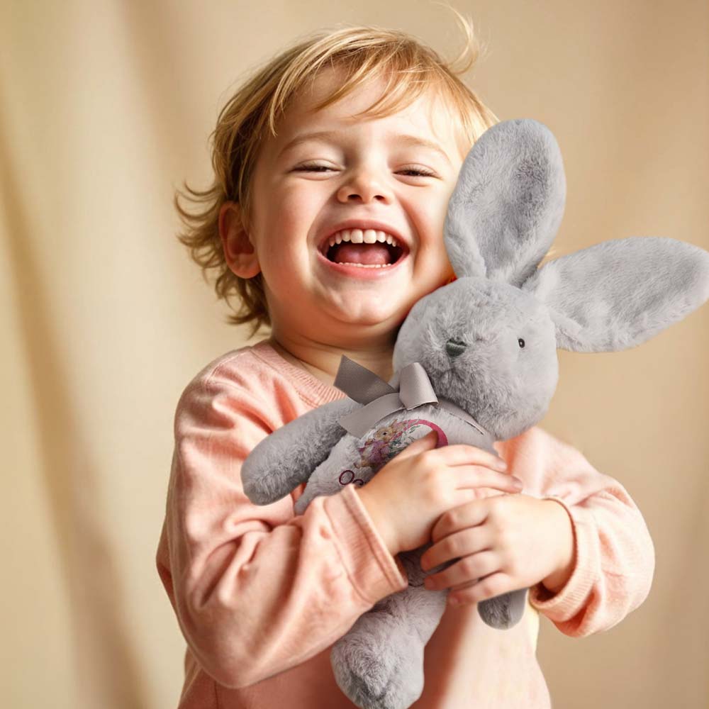 Soft grey bunny plush close-up showing fluffy texture and personalised name detail — ideal baby shower gift