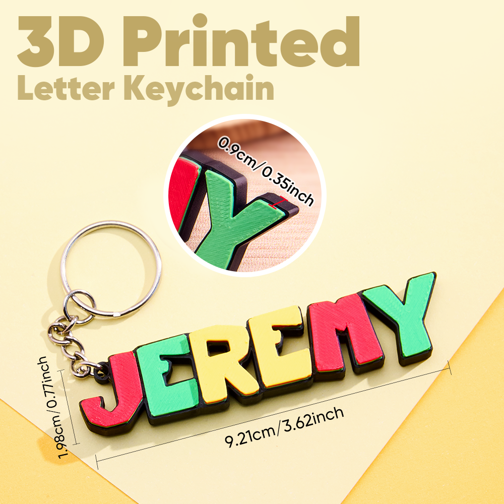 Personalised 3D cartoon keyring beside a ruler displaying dimensions 9.2 cm x 1.98 cm — compact PLA charm for lockers, lanyards and pencil cases
