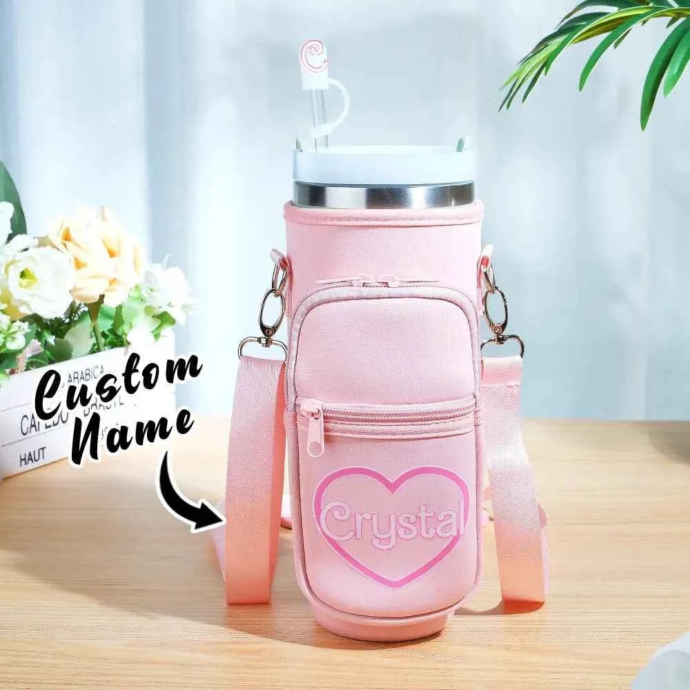 Personalized Water Bottle Carrier Bag for 40oz Stanley Tumbler with Straw Topper Pouch Gift for Her