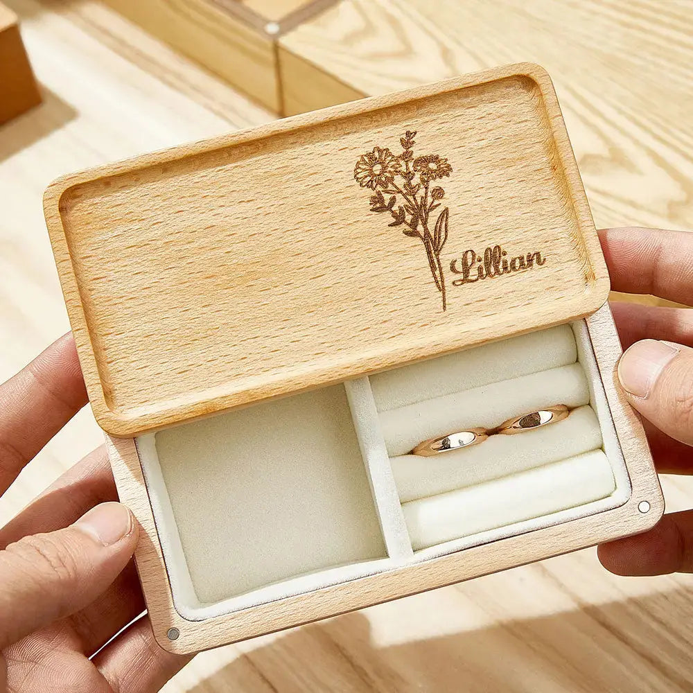 Open personalised wooden jewellery box showing ring slots and necklace compartment — ideal custom name gift organiser for bridesmaids and weddings