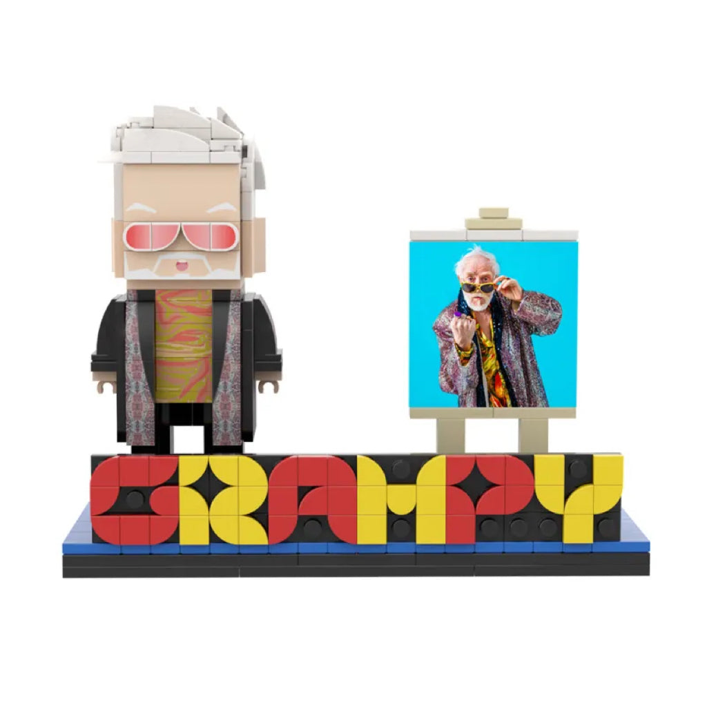 Gift-ready packaging of the personalised full-body building block figure, presented as a thoughtful personalised photo gift for Dad