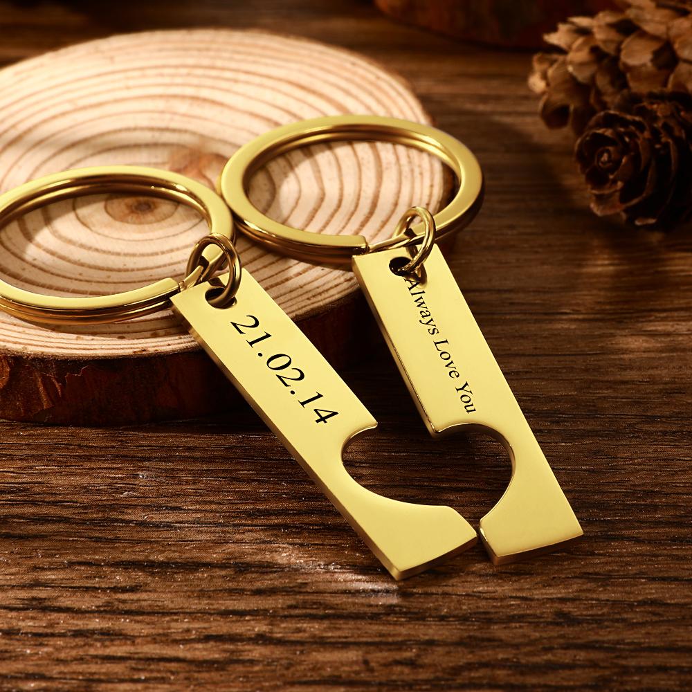 Lifestyle image of matching personalised keychains attached to keys and a handbag – durable stainless steel engraved keepsakes for everyday use