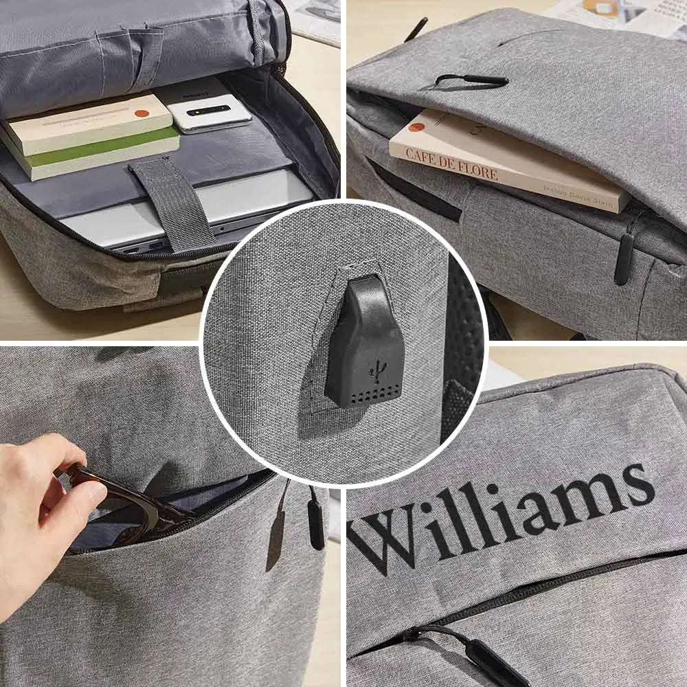 15.6-inch laptop sliding into the dedicated sleeve of a personalised name backpack — protective custom laptop backpack for students and commuters