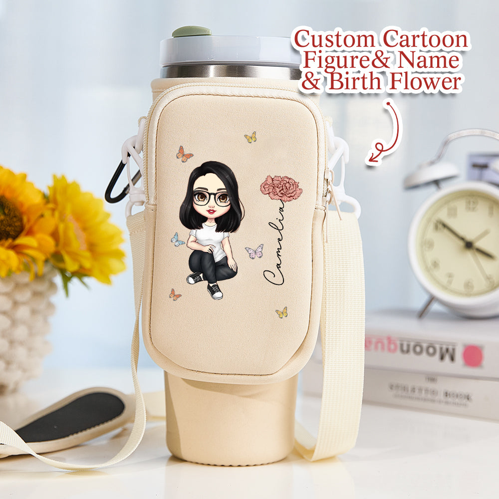 Personalised Cartoon Birth Flower Waterproof Bottle Bag for 40oz Stanley Tumbler