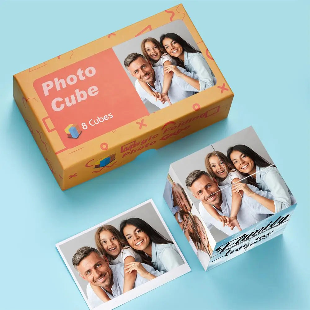 Angled view of a Personalised Photo Magic Cube revealing flipping panels and multiple custom photos — ideal family gift, wedding or anniversary keepsake