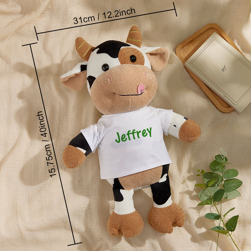 Personalised cow plush toy in nursery setting, 31cm x 40cm size, made from premium plush with PP cotton filling