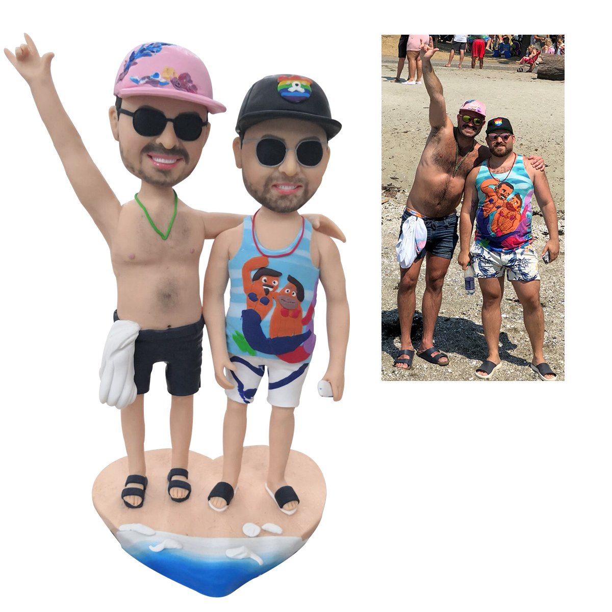 Infographic for personalised 2‑person bobbleheads showing available heights (15, 18, 20 cm) and baked polymer clay material, with care notes