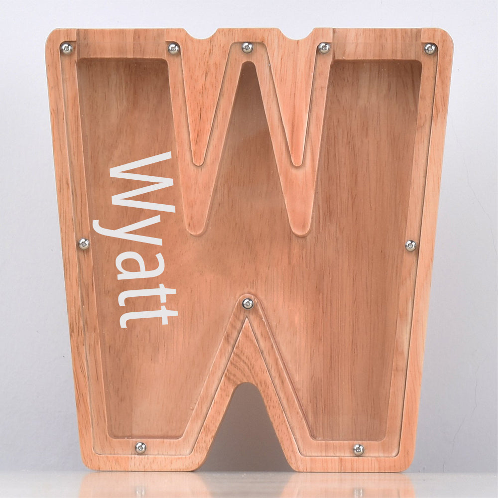 Personalised Oak Wooden Letter Money Box with Engraved Name | Handcrafted Piggy Bank