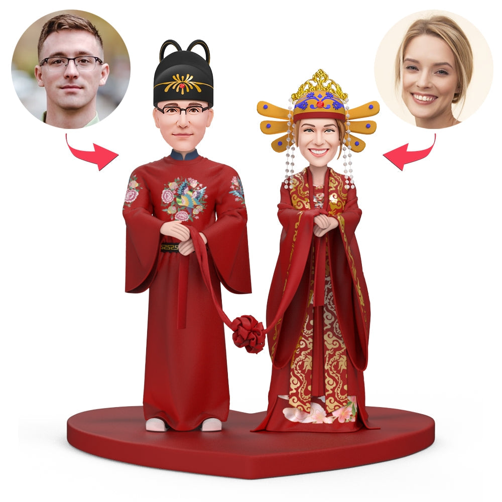 Personalised polymer clay couple wedding bobblehead in bridal and groom attire with engraved text on the base – custom couple bobblehead, engraved text keepsake and personalised wedding gift for Australia and the UK